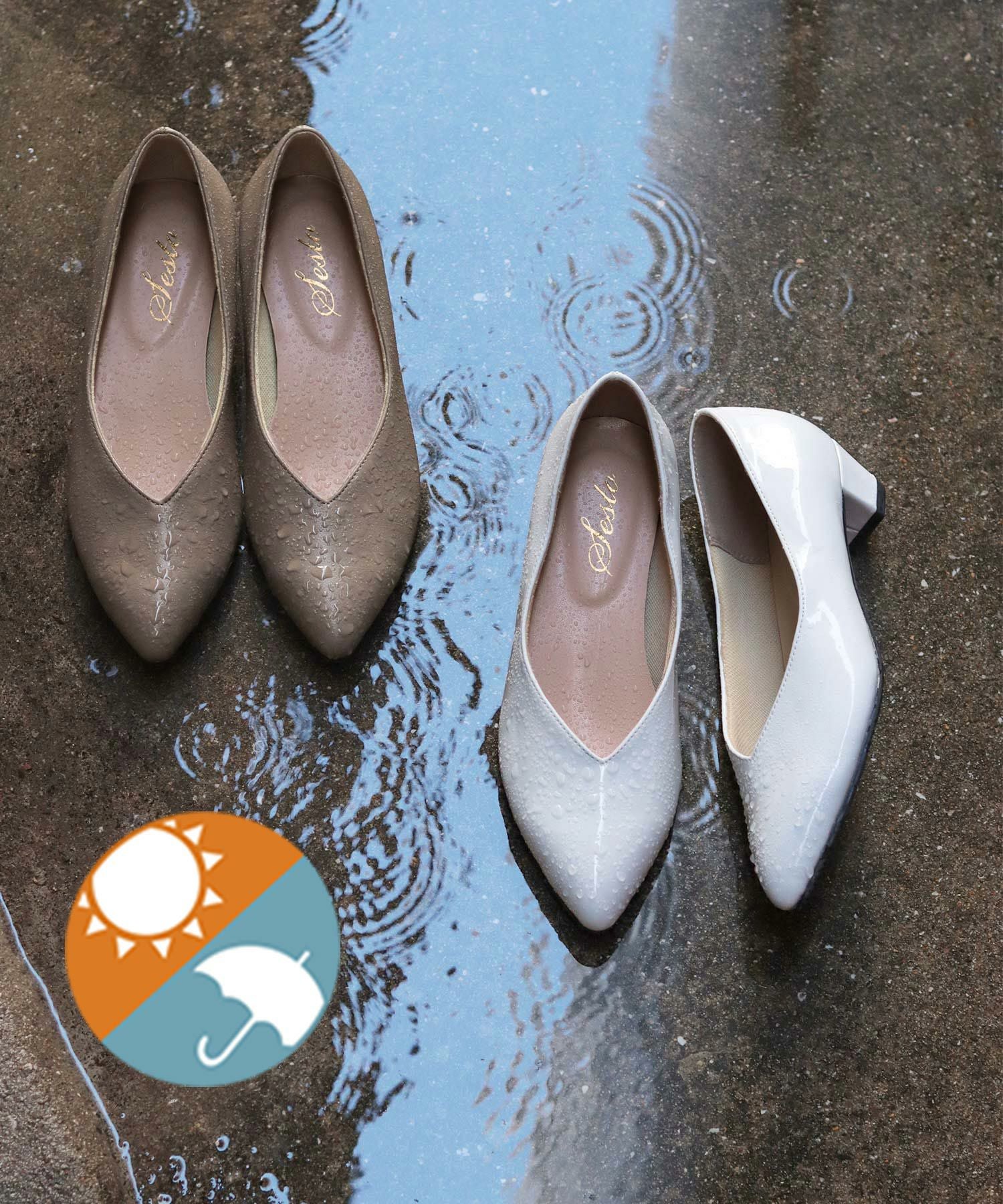 生活防水!晴雨兼用Vカットローヒールポインテッドトゥパンプス/レインシューズ/レインパンプス 一部3月下旬入荷予定
