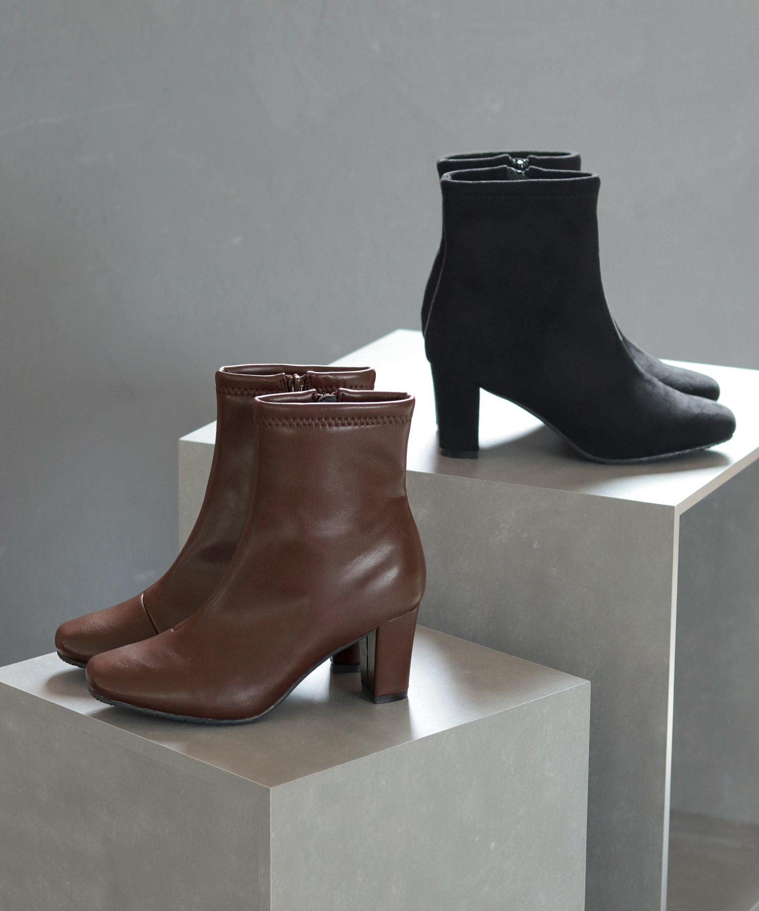 スリムフィットストレッチスクエアトゥショートブーツ