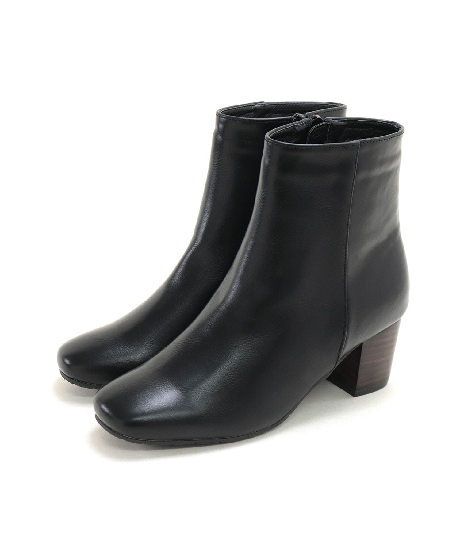 高級ウッドヒールのスクエアトゥショートブーツ