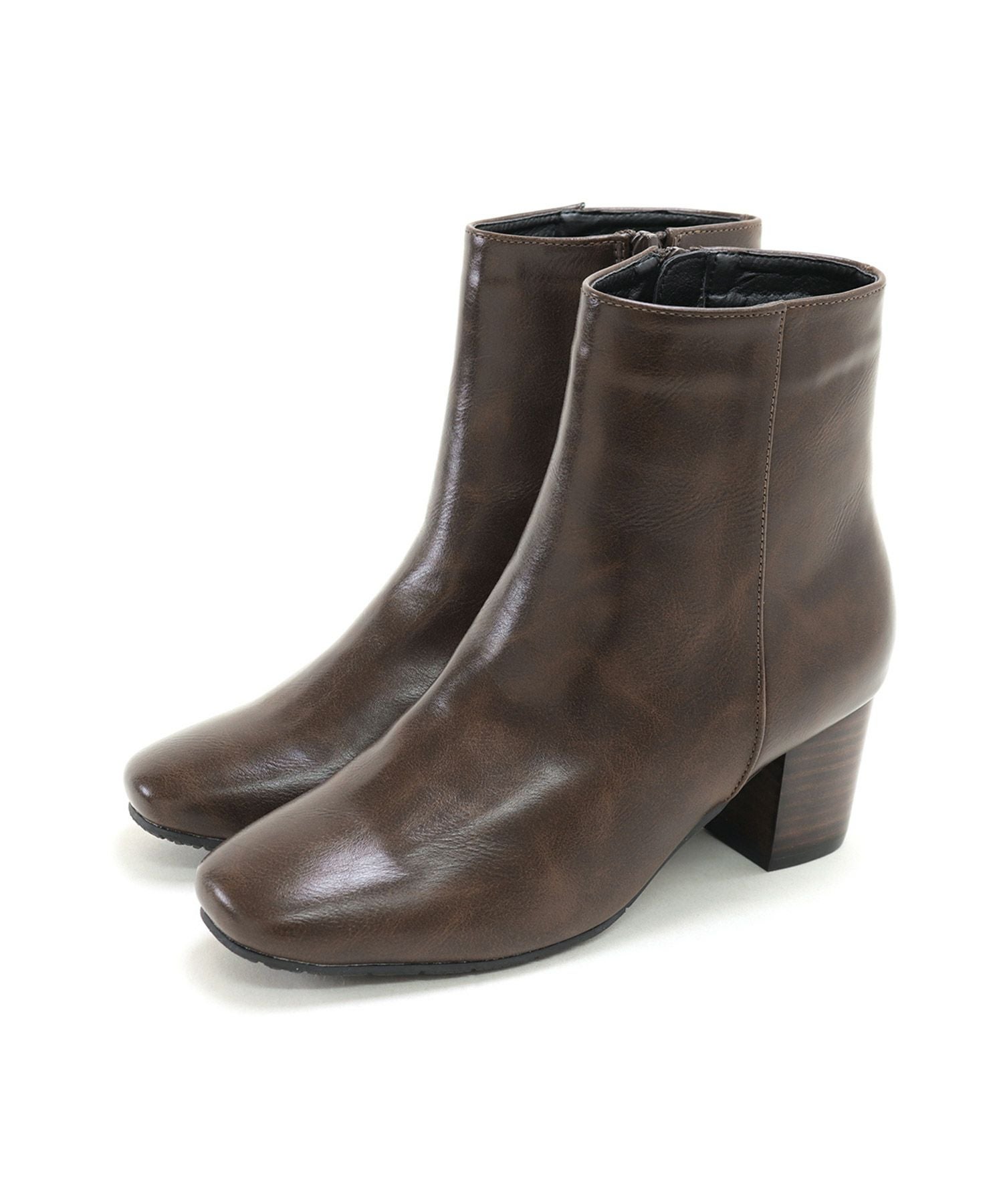 高級ウッドヒールのスクエアトゥショートブーツ