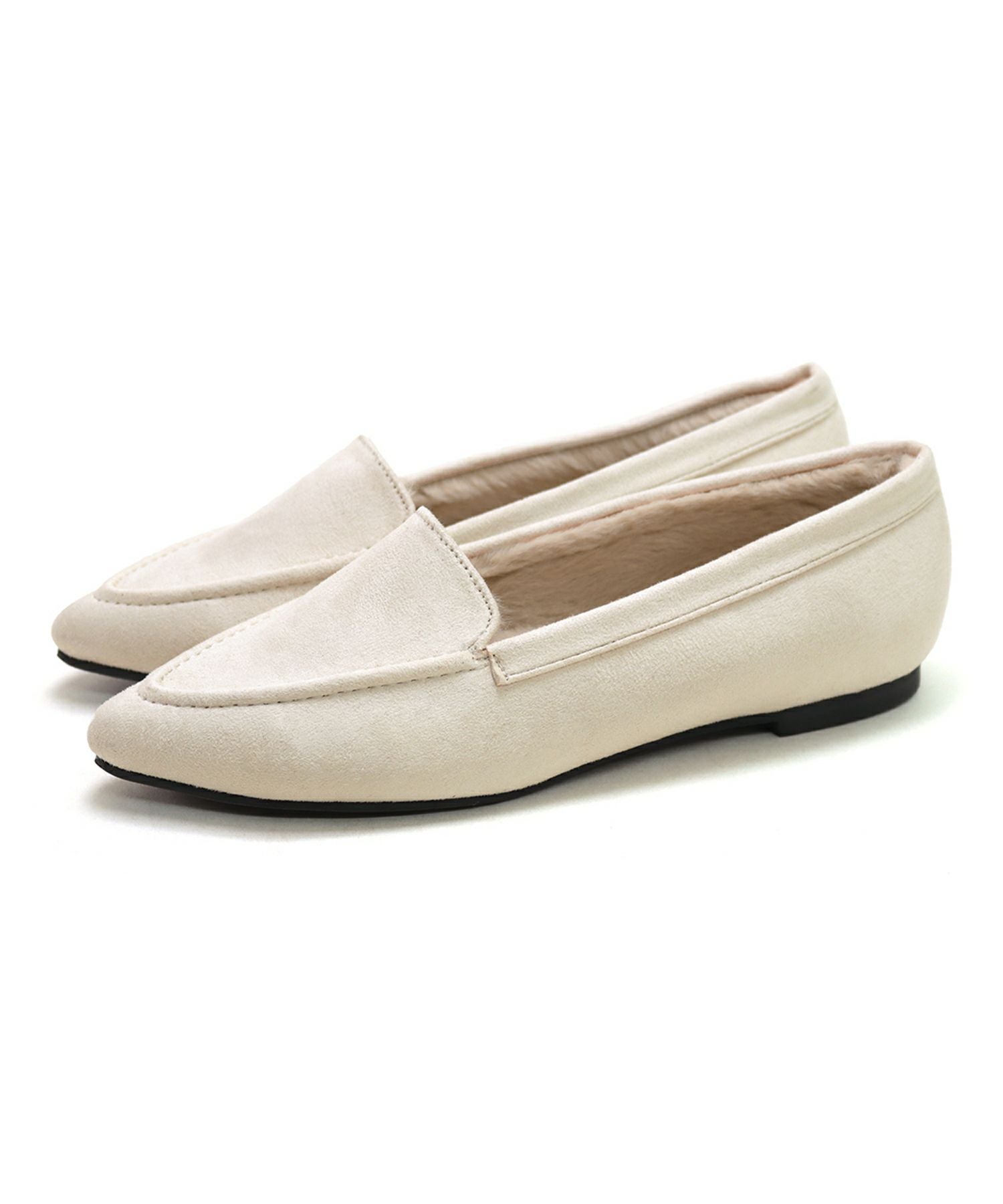 インナーファーのポインテッドトゥすっきり見えモカシンフラットシューズパンプス