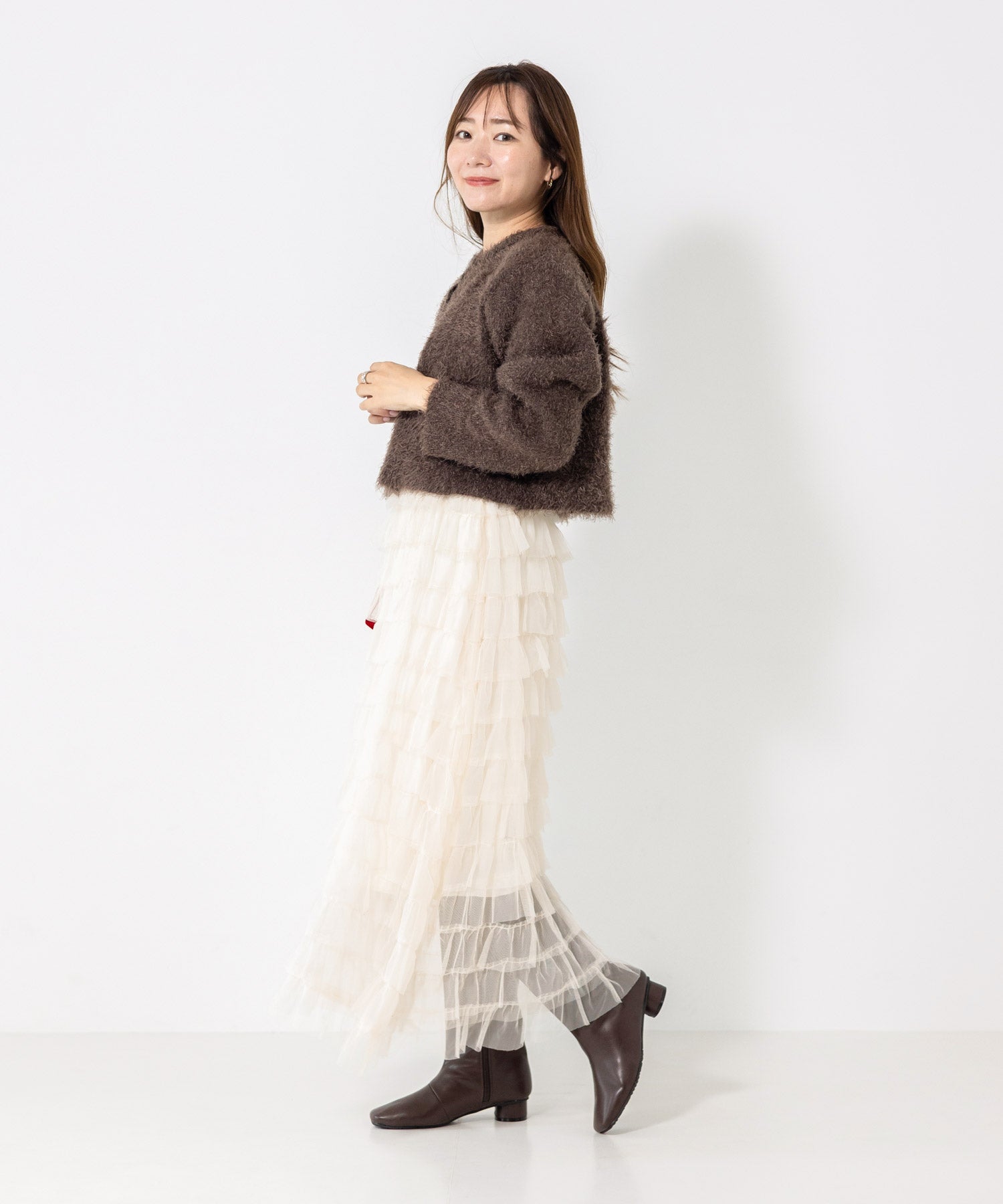スクエアトゥのローヒールロングブーツ ▲返品不可