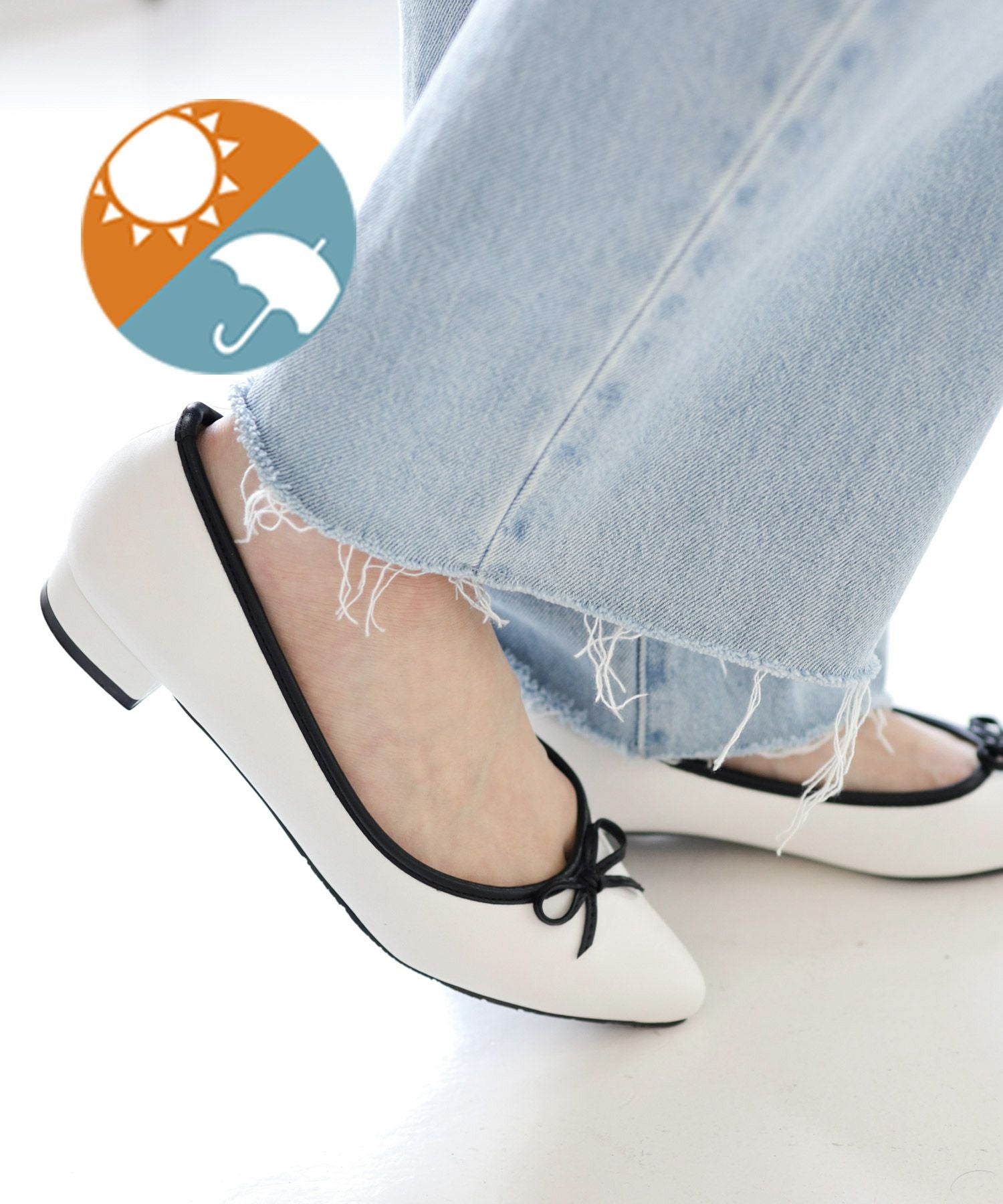 ポインテッドトゥのリボン付きローヒールレインパンプス/レインシューズ