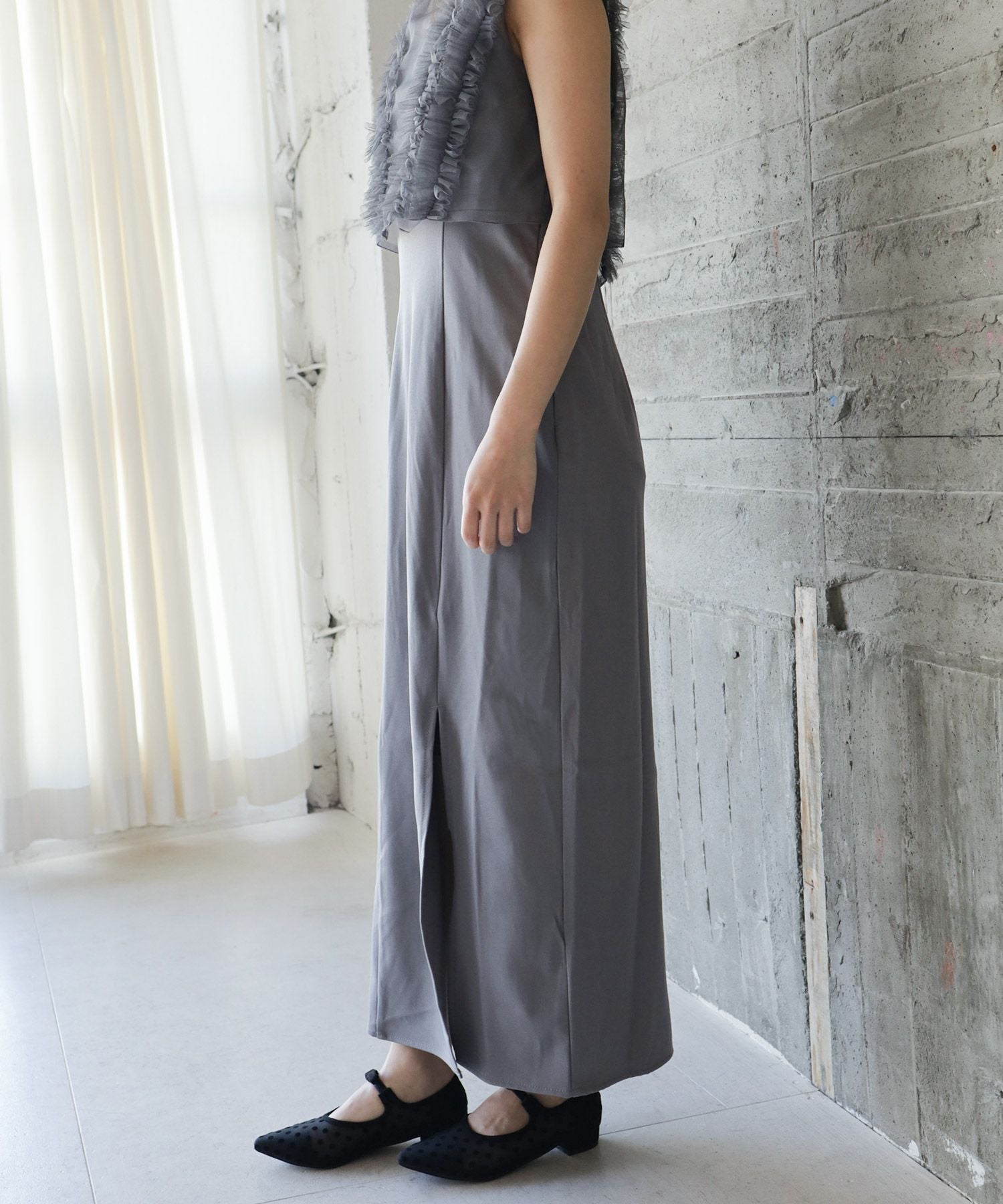 フロッキードットシースルーのリボンストラップローヒールパンプス 一部4月上旬入荷予定