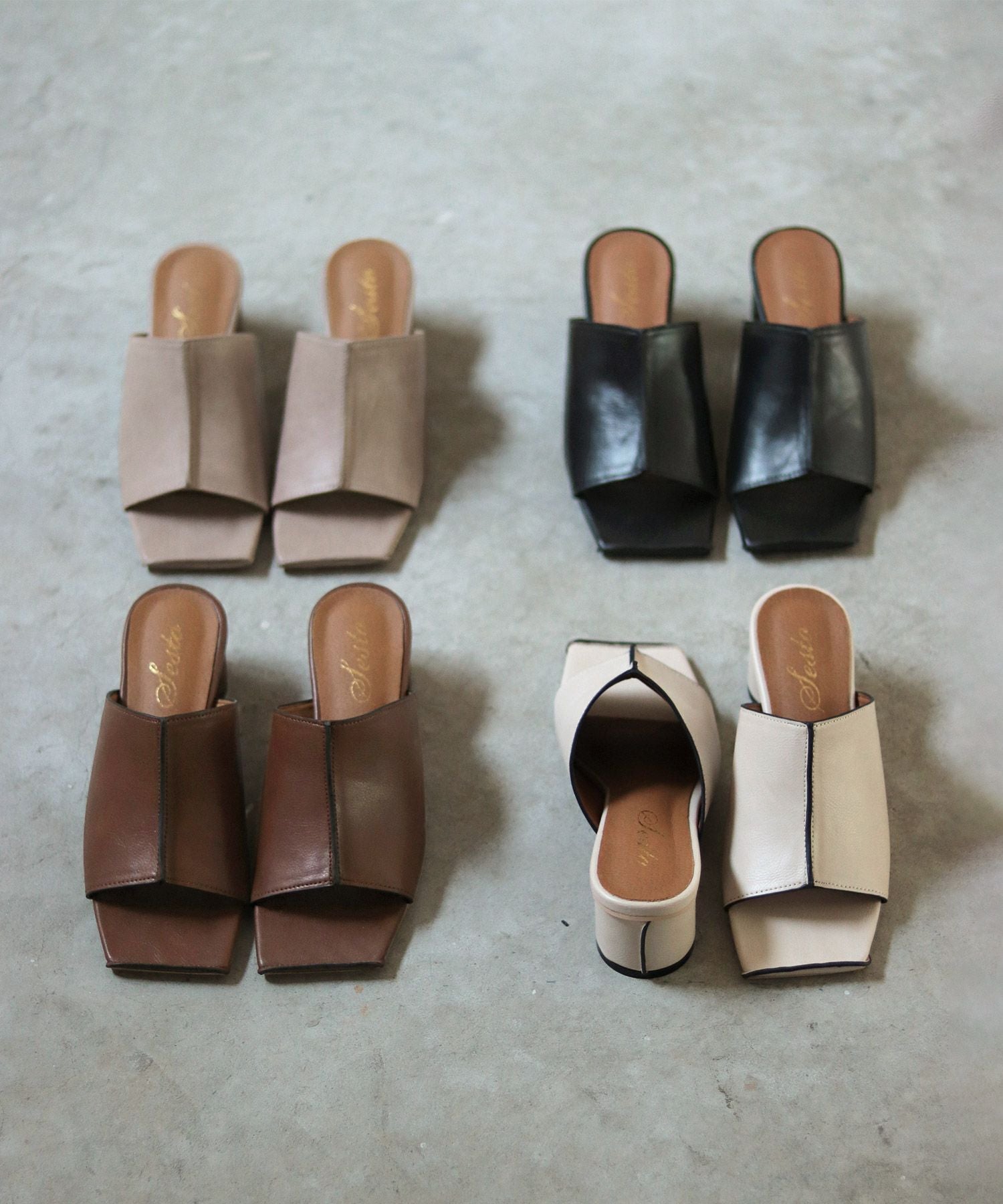 サークルヒールスクエアトゥミュールサンダル