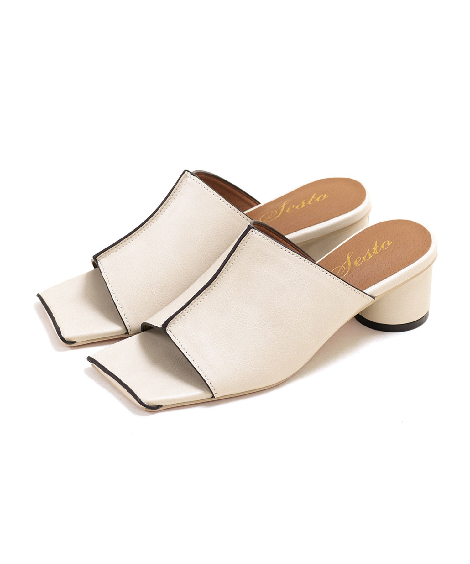 サークルヒールスクエアトゥミュールサンダル