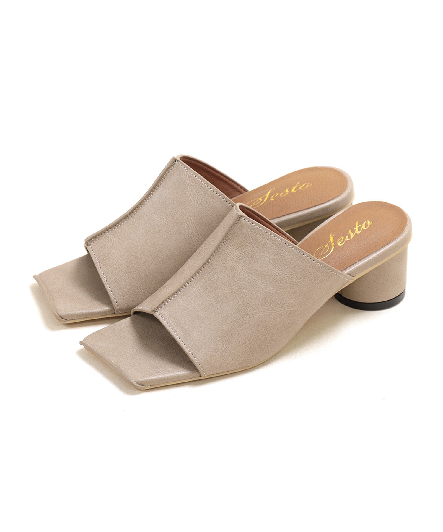 サークルヒールスクエアトゥミュールサンダル