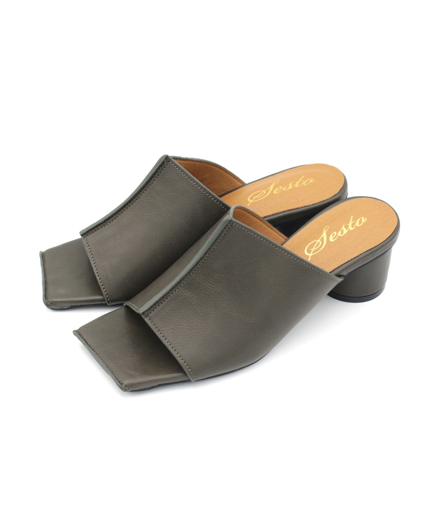 サークルヒールスクエアトゥミュールサンダル