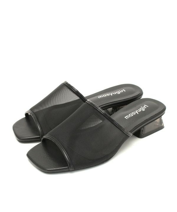 【4E幅広・大きいサイズ】スクエアトゥチュールクリアヒールサンダル ▲返品交換不可