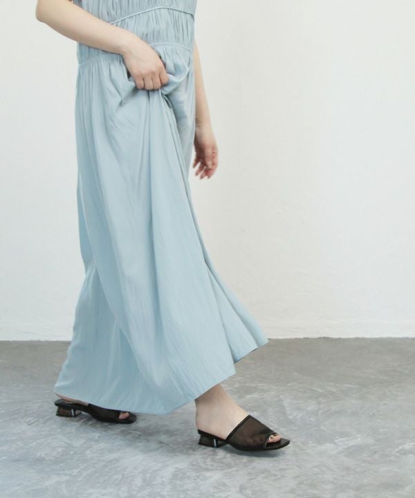 【4E幅広・大きいサイズ】スクエアトゥチュールクリアヒールサンダル ▲返品交換不可