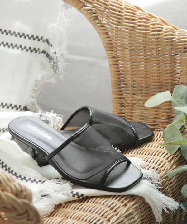 【4E幅広・大きいサイズ】スクエアトゥチュールクリアヒールサンダル ▲返品交換不可