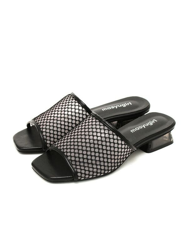 【4E幅広・大きいサイズ】スクエアトゥメッシュクリアヒールサンダル ▲返品交換不可