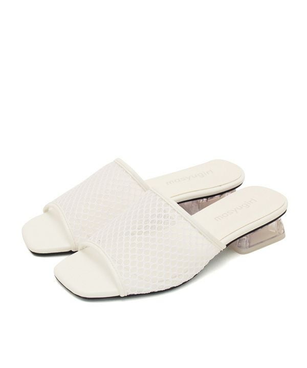 【4E幅広・大きいサイズ】スクエアトゥメッシュクリアヒールサンダル ▲返品交換不可