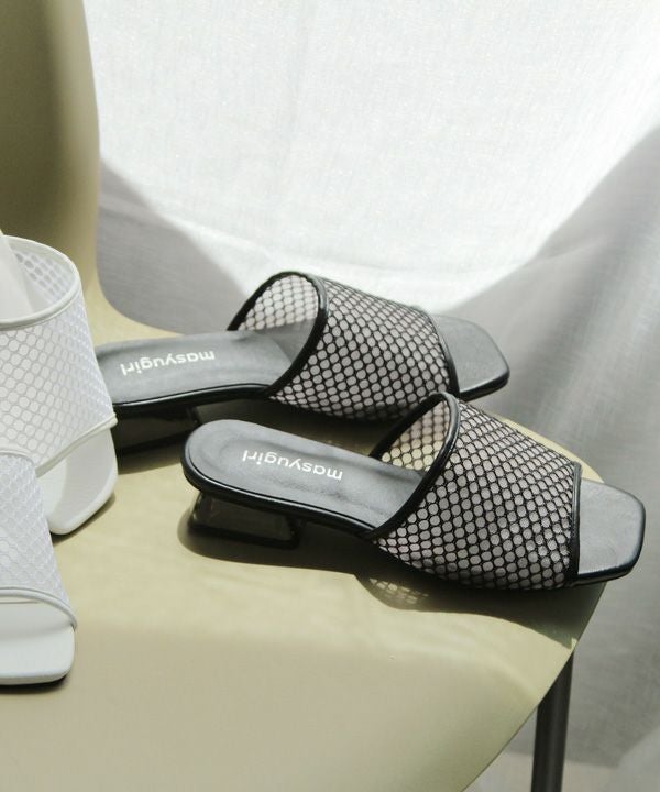 【4E幅広・大きいサイズ】スクエアトゥメッシュクリアヒールサンダル ▲返品交換不可