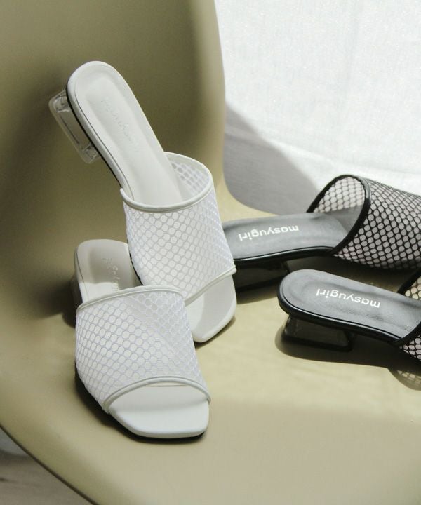 【4E幅広・大きいサイズ】スクエアトゥメッシュクリアヒールサンダル ▲返品交換不可