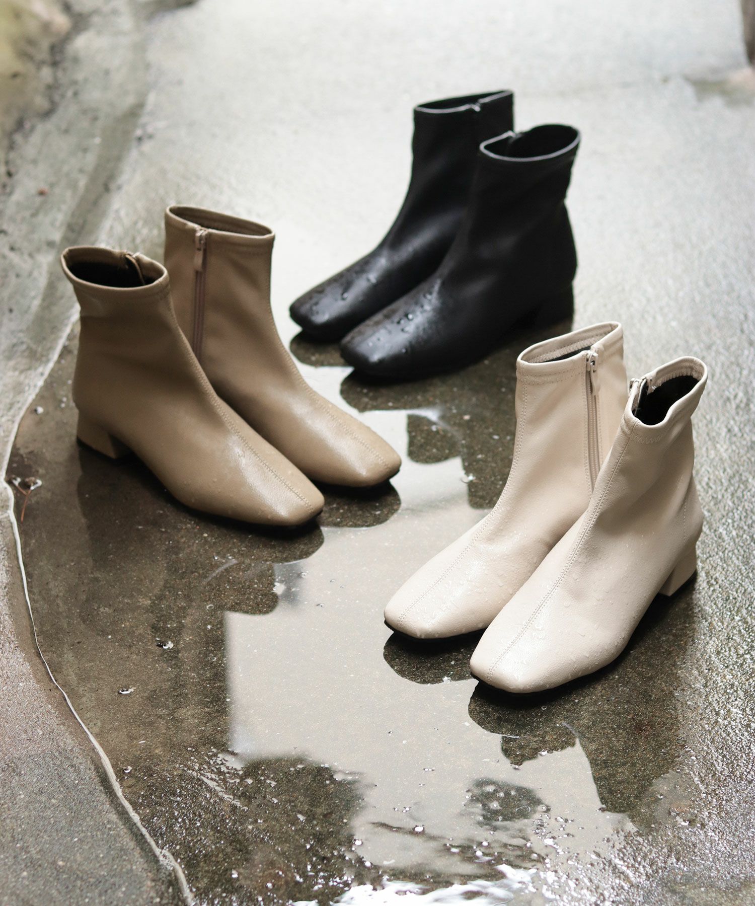 生活防水!レイン仕様スクエアトゥローヒールショートブーツ 一部4月中旬入荷予定