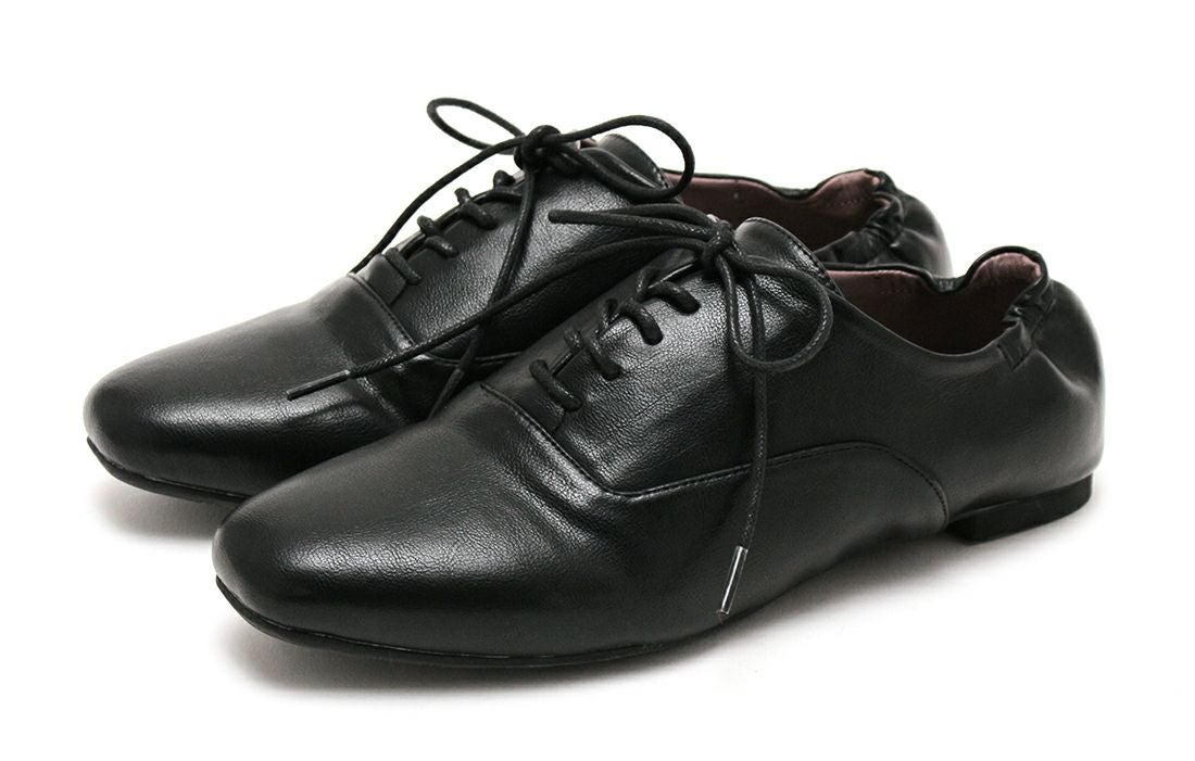 【4E幅広・大きいサイズ】スクエアトゥフラットレースアップパンプス ▲返品不可