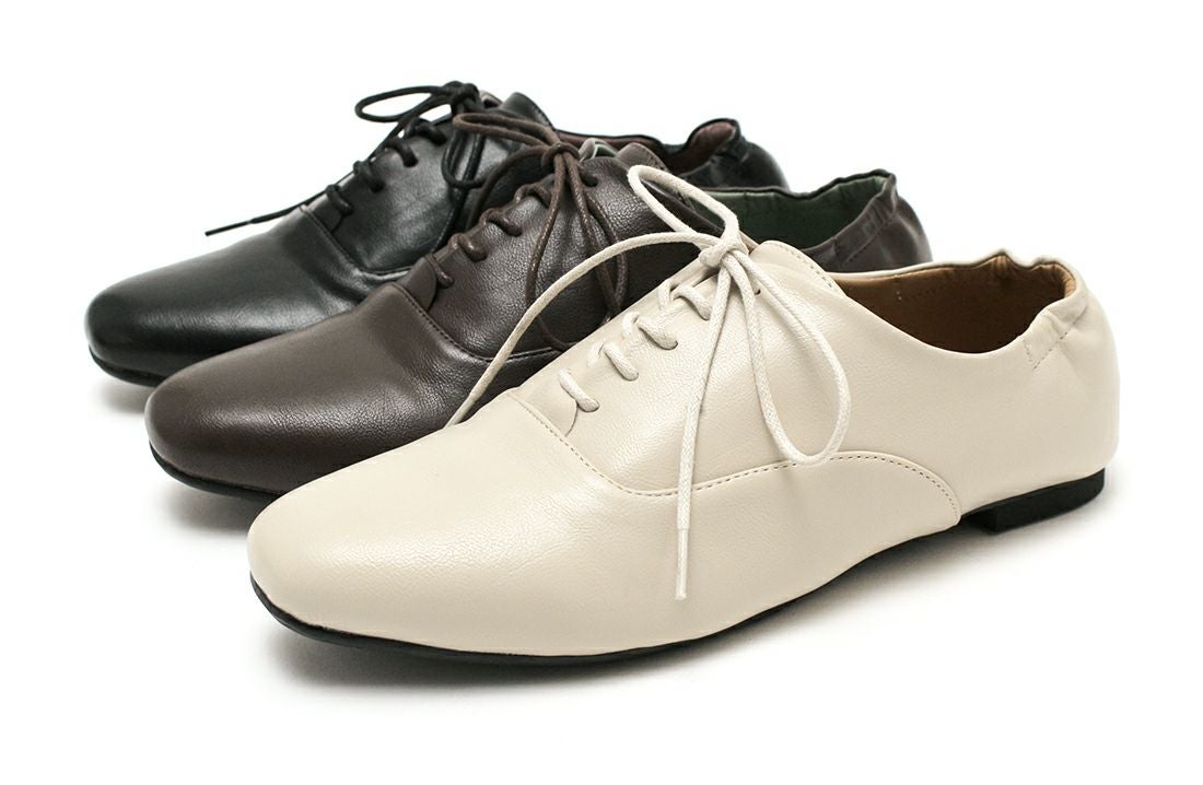 【4E幅広・大きいサイズ】スクエアトゥフラットレースアップパンプス ▲返品不可