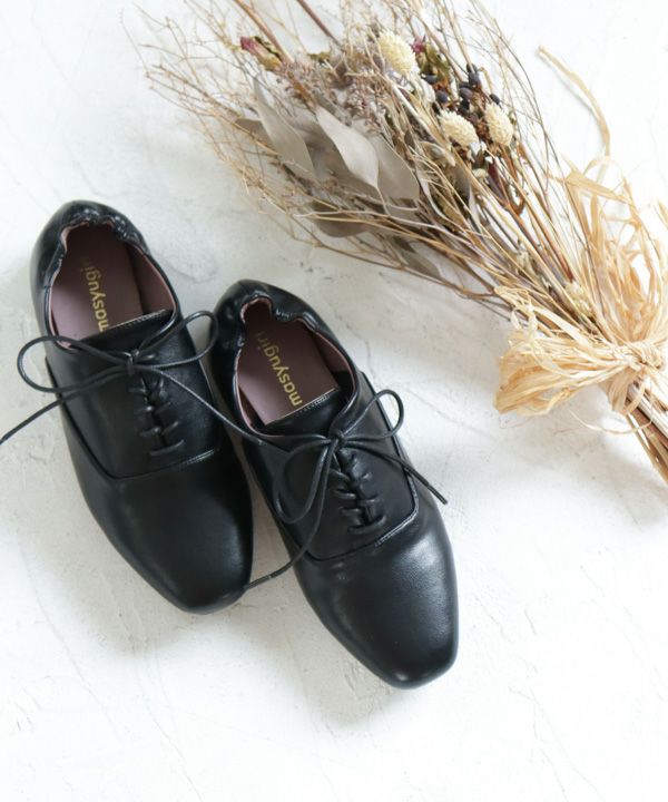 【4E幅広・大きいサイズ】スクエアトゥフラットレースアップパンプス ▲返品不可