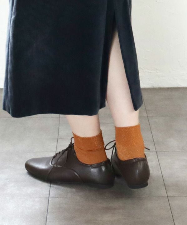 【4E幅広・大きいサイズ】スクエアトゥフラットレースアップパンプス ▲返品不可