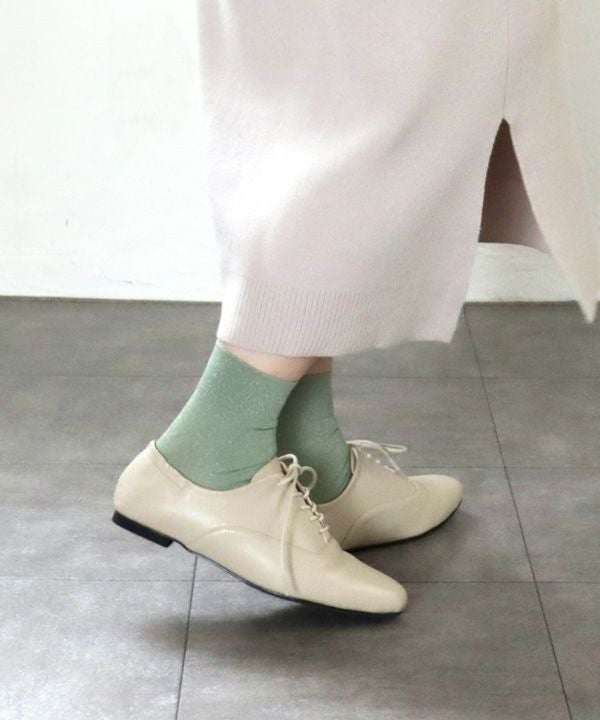 【4E幅広・大きいサイズ】スクエアトゥフラットレースアップパンプス ▲返品不可