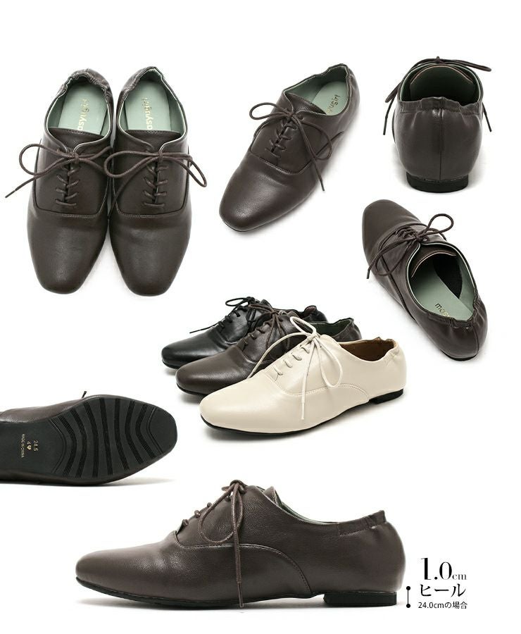 【4E幅広・大きいサイズ】スクエアトゥフラットレースアップパンプス ▲返品不可