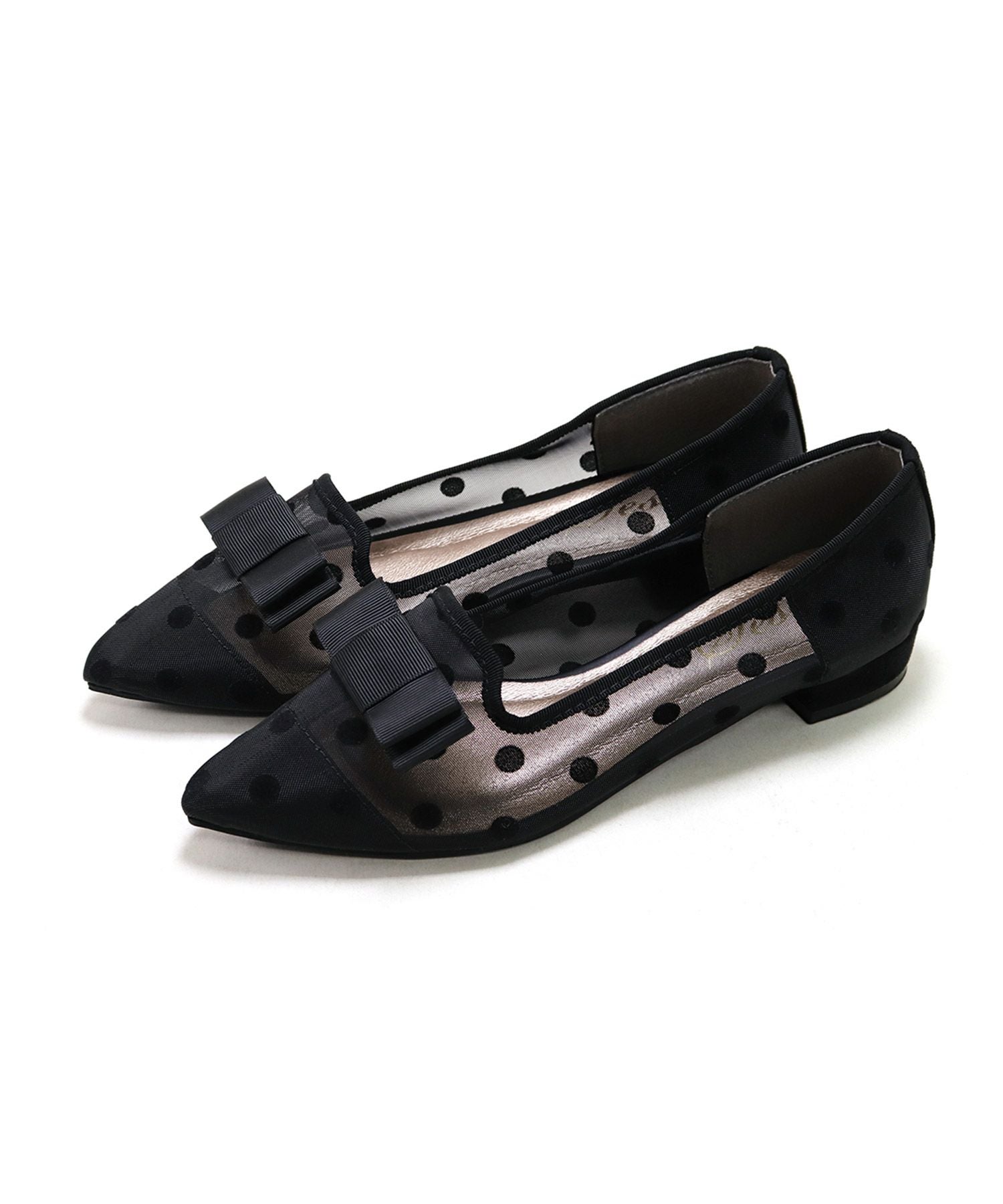 ドットチュールのリボン付きシースルーローヒールパンプス