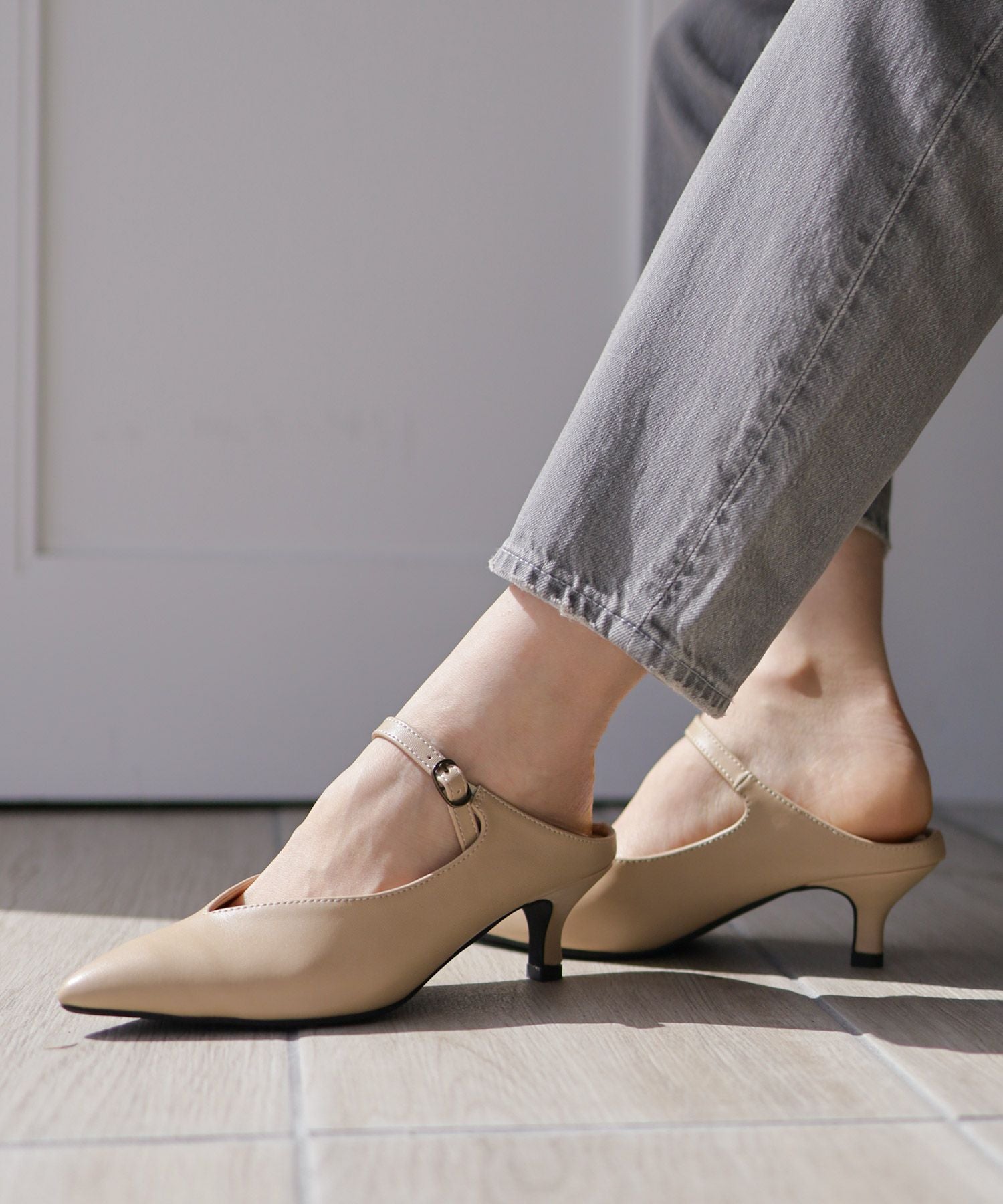 5cmヒールポインテッドトゥメリージェーンミュールサンダル Newカラー