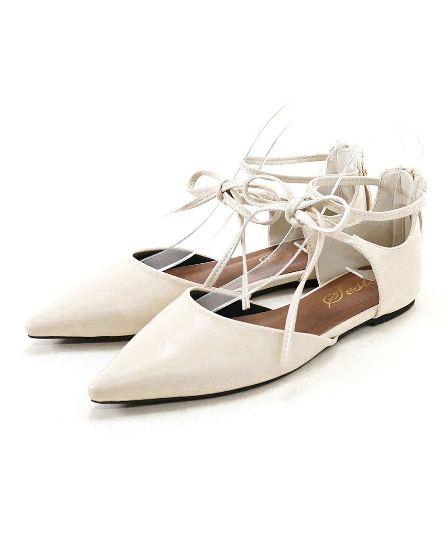 バックファスナー付きポインテッドトゥレースアップフラットパンプス 一部4月下旬入荷予定