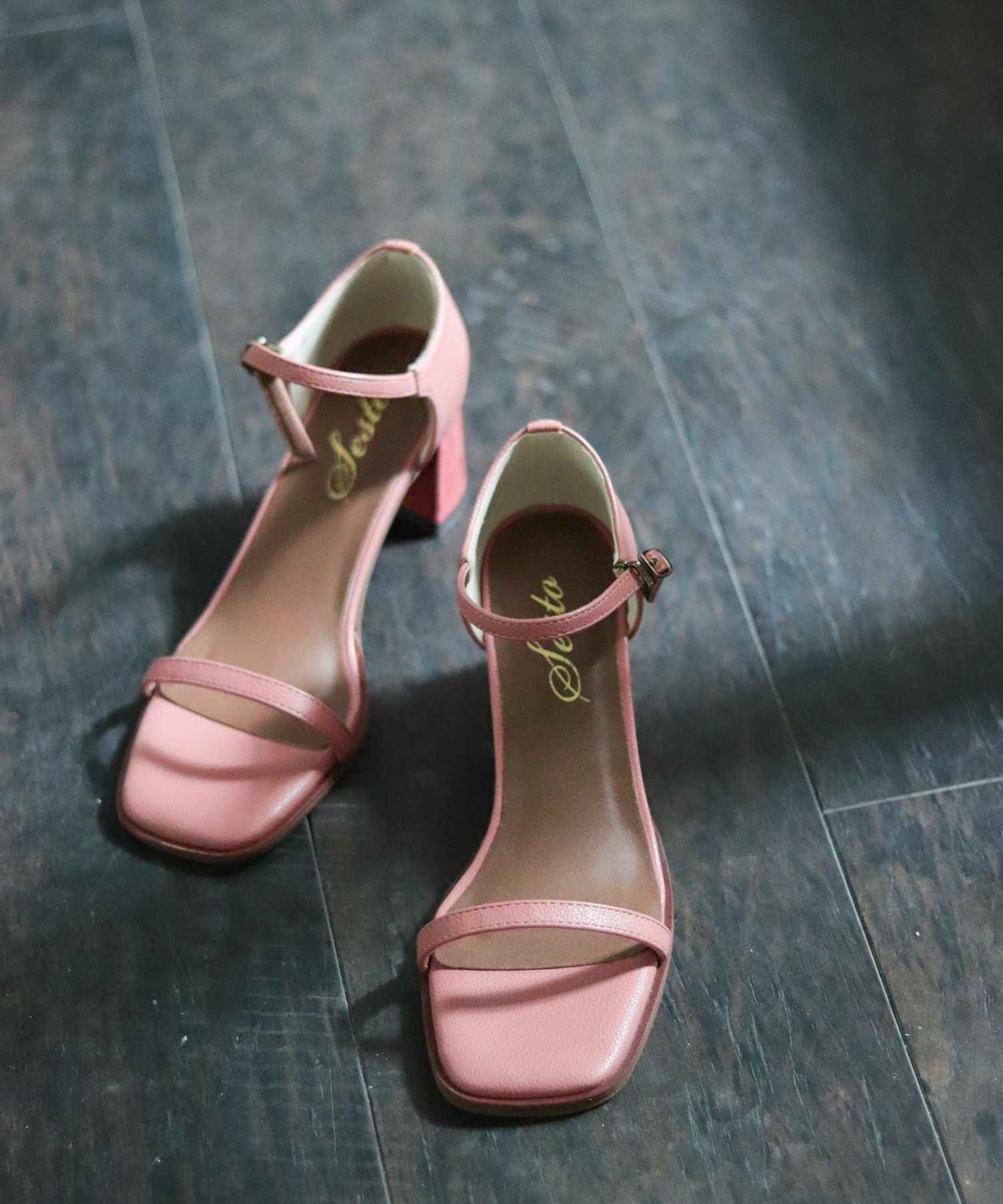 ウッド＆コルク巻きヒールのナローストラップメリージェーンサンダル▲返品交換不可