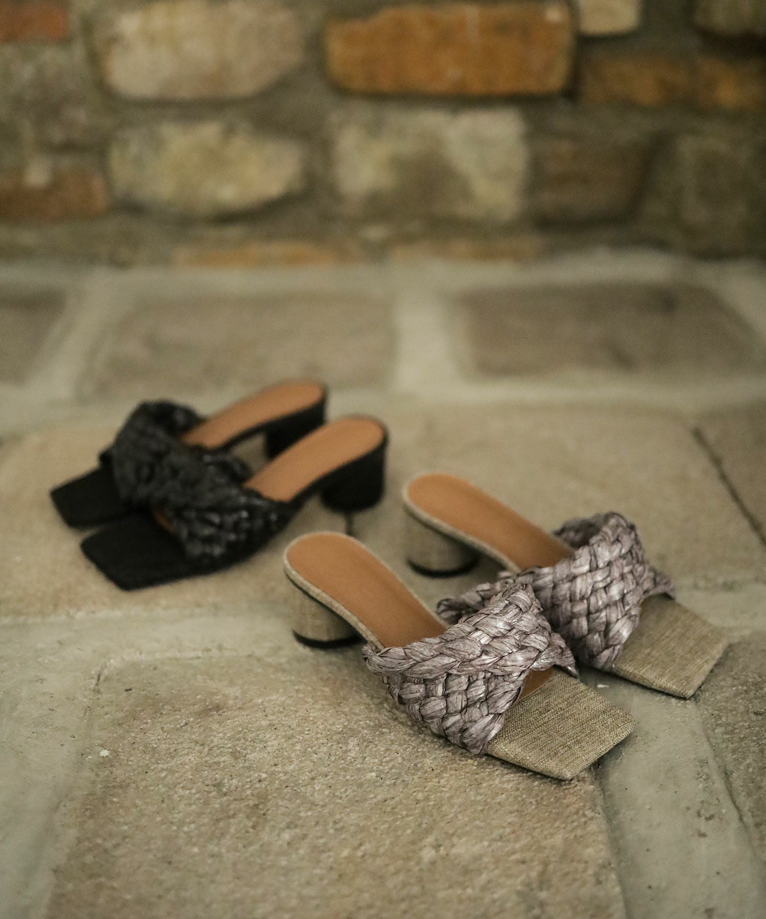 編み込みデザインサークルヒールミュールサンダル▲返品不可