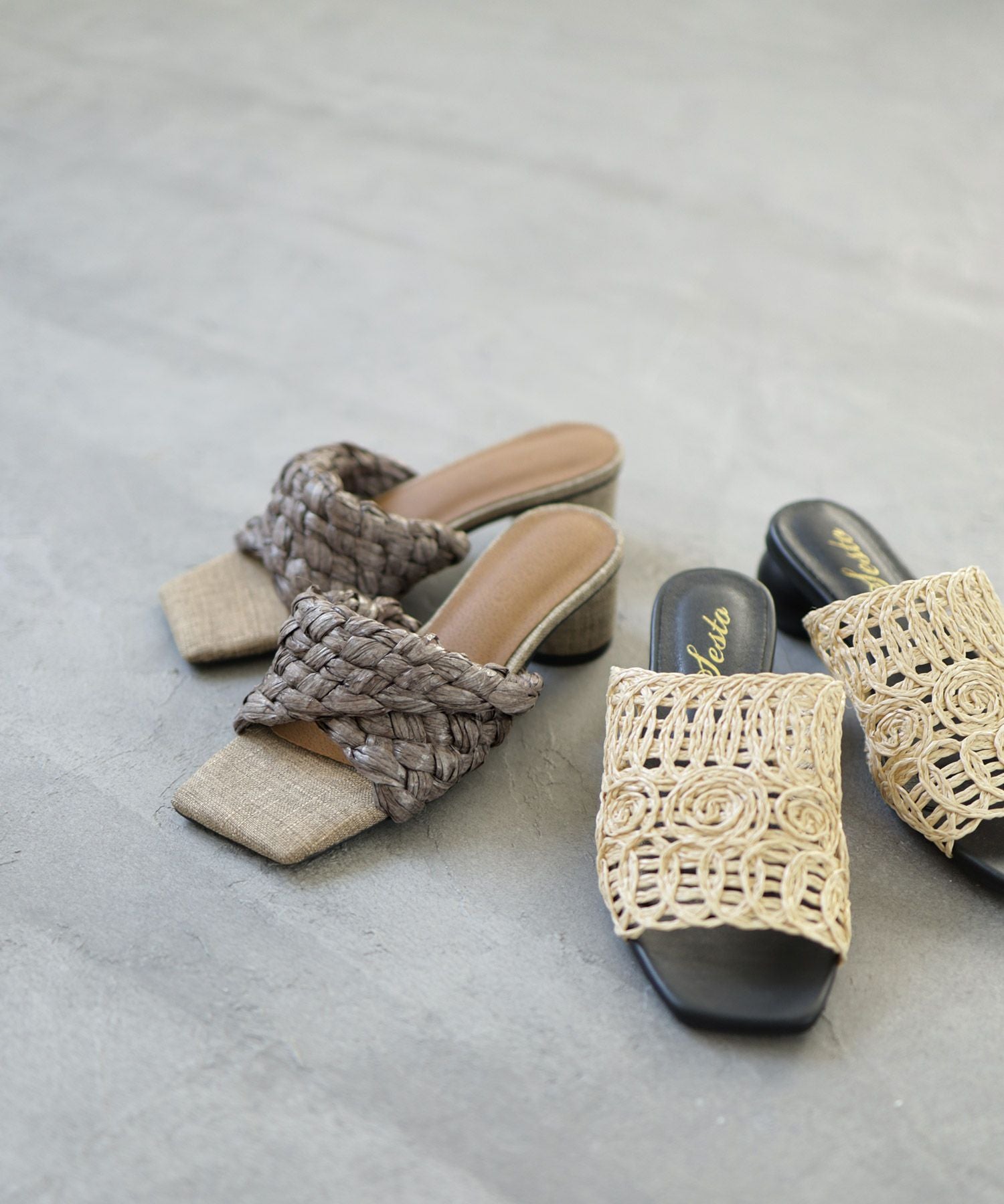 編み込みデザインサークルヒールミュールサンダル▲返品不可