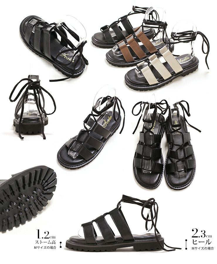 厚底タンクソールの高密度クッションインソールレースアップサンダル▲返品交換不可