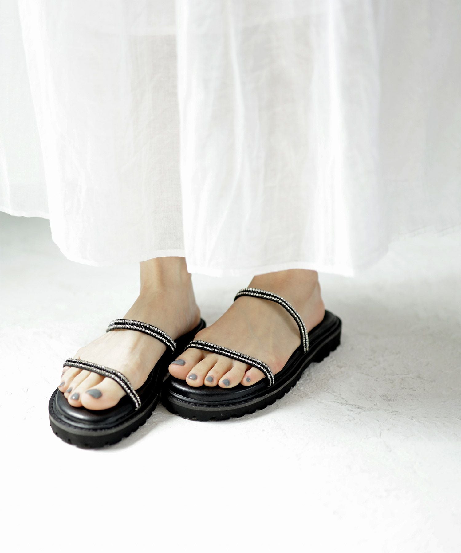 ビジューストラップのトラックソール厚底サンダル▲返品交換不可