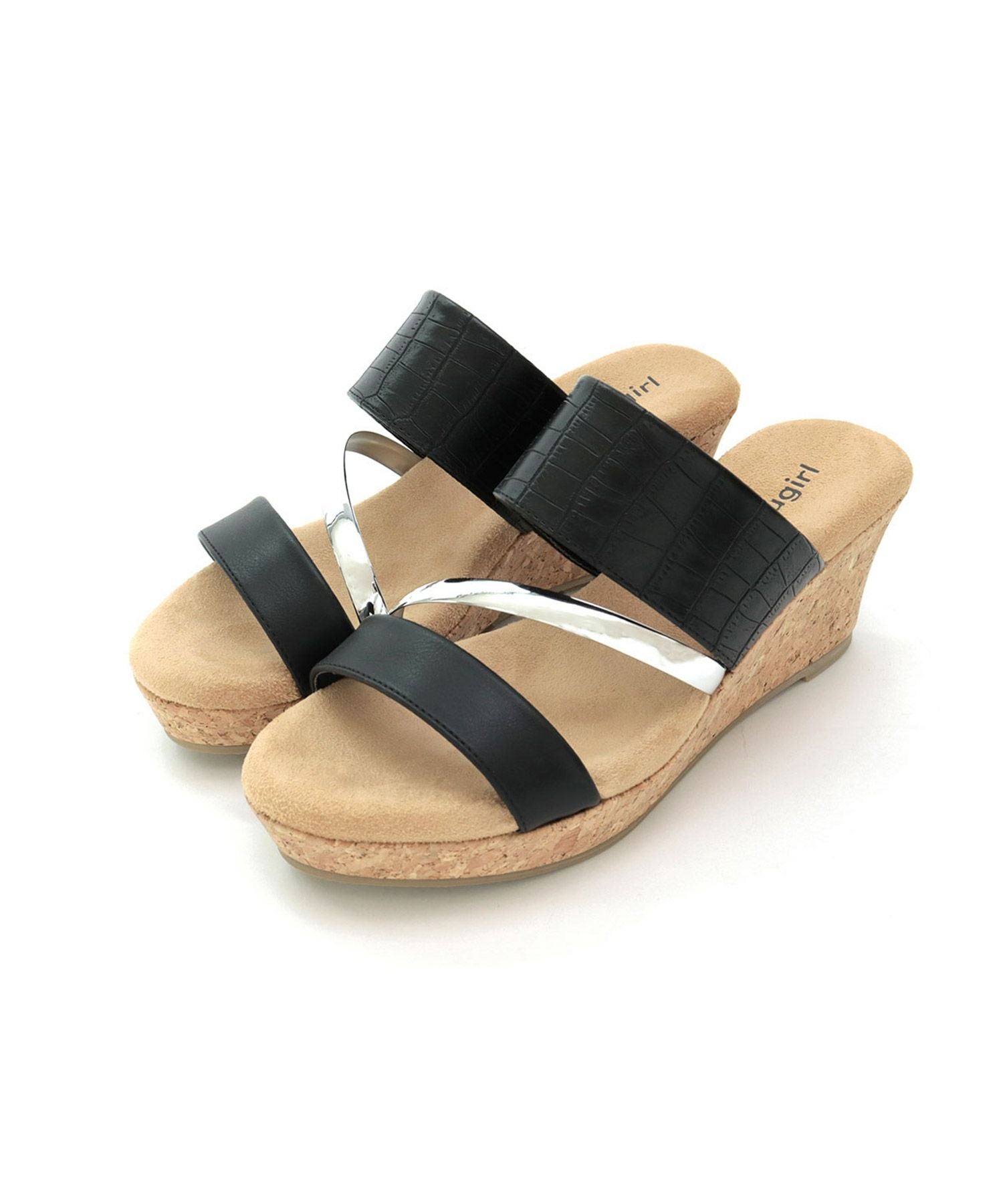 【4E幅広・大きいサイズ】クロコ調カジュアルウェッジミュールサンダル ▲返品交換不可