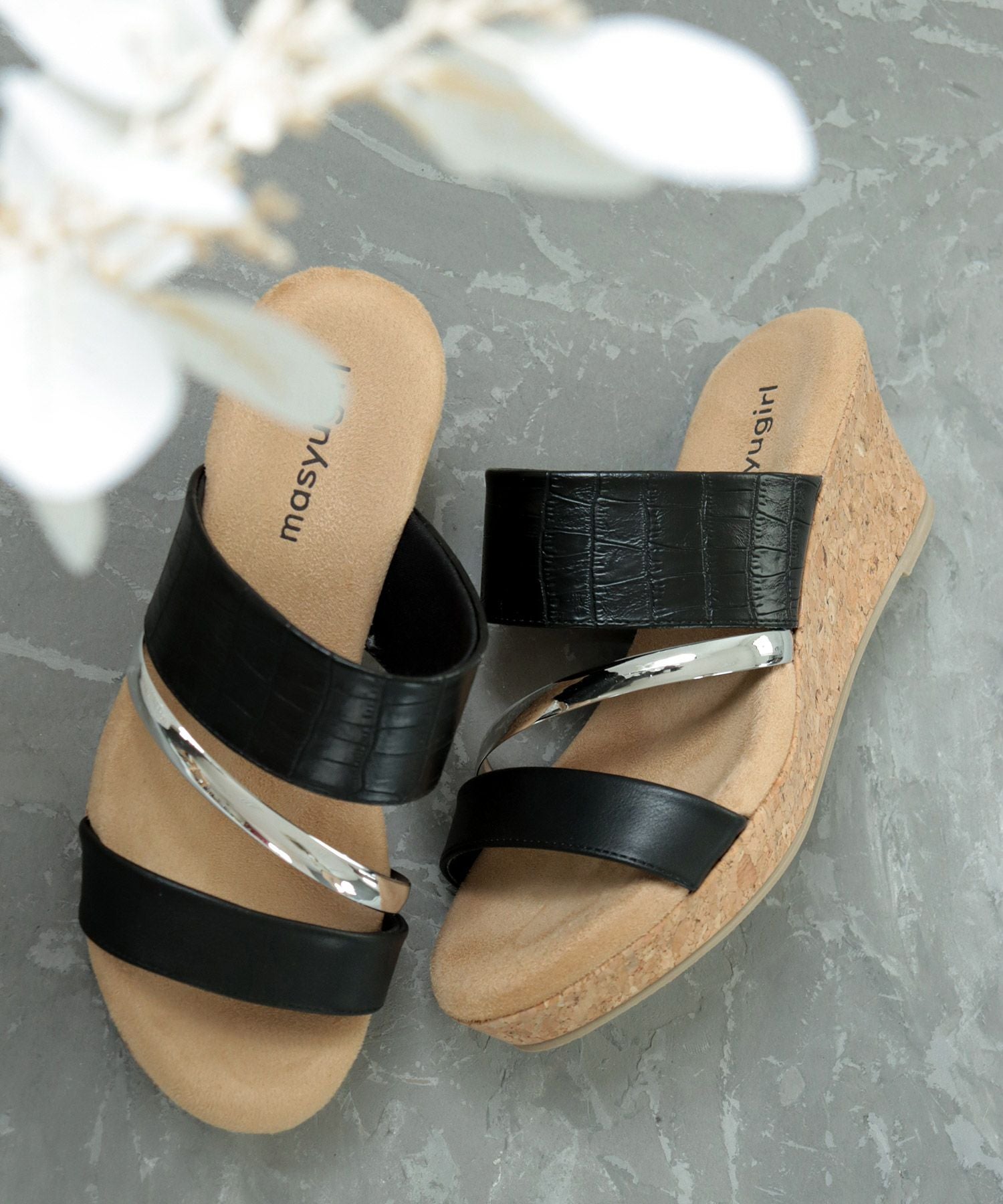 【4E幅広・大きいサイズ】クロコ調カジュアルウェッジミュールサンダル ▲返品交換不可