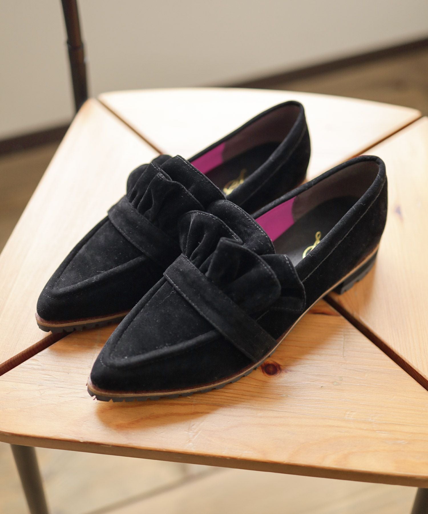 ラッフルデザインポインテッドトゥ厚底ローファーパンプス▲返品不可