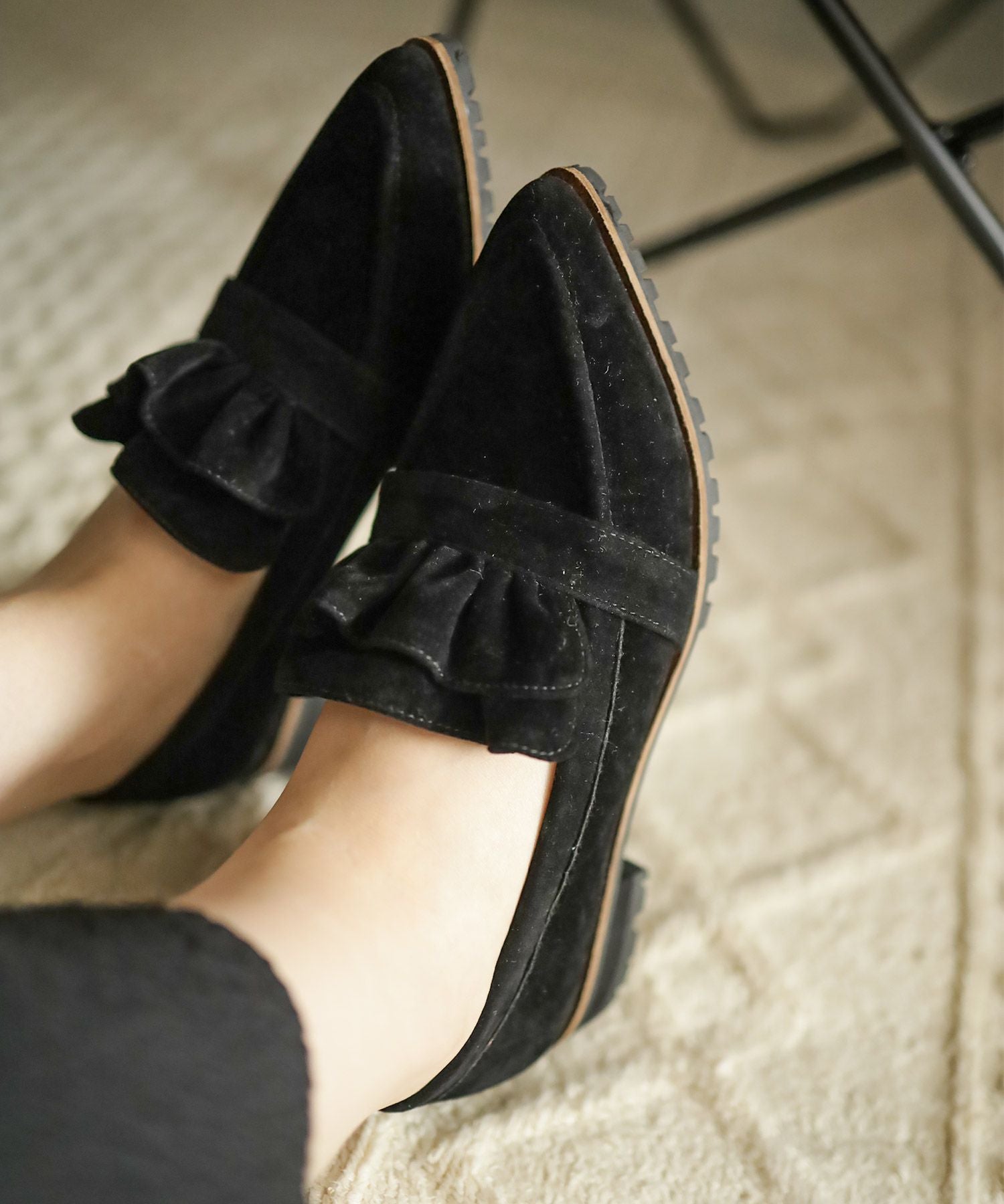 ラッフルデザインポインテッドトゥ厚底ローファーパンプス▲返品不可