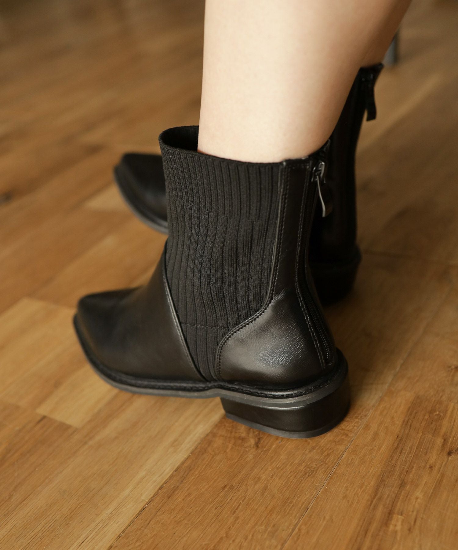 ニットコンビローヒールショートブーツ