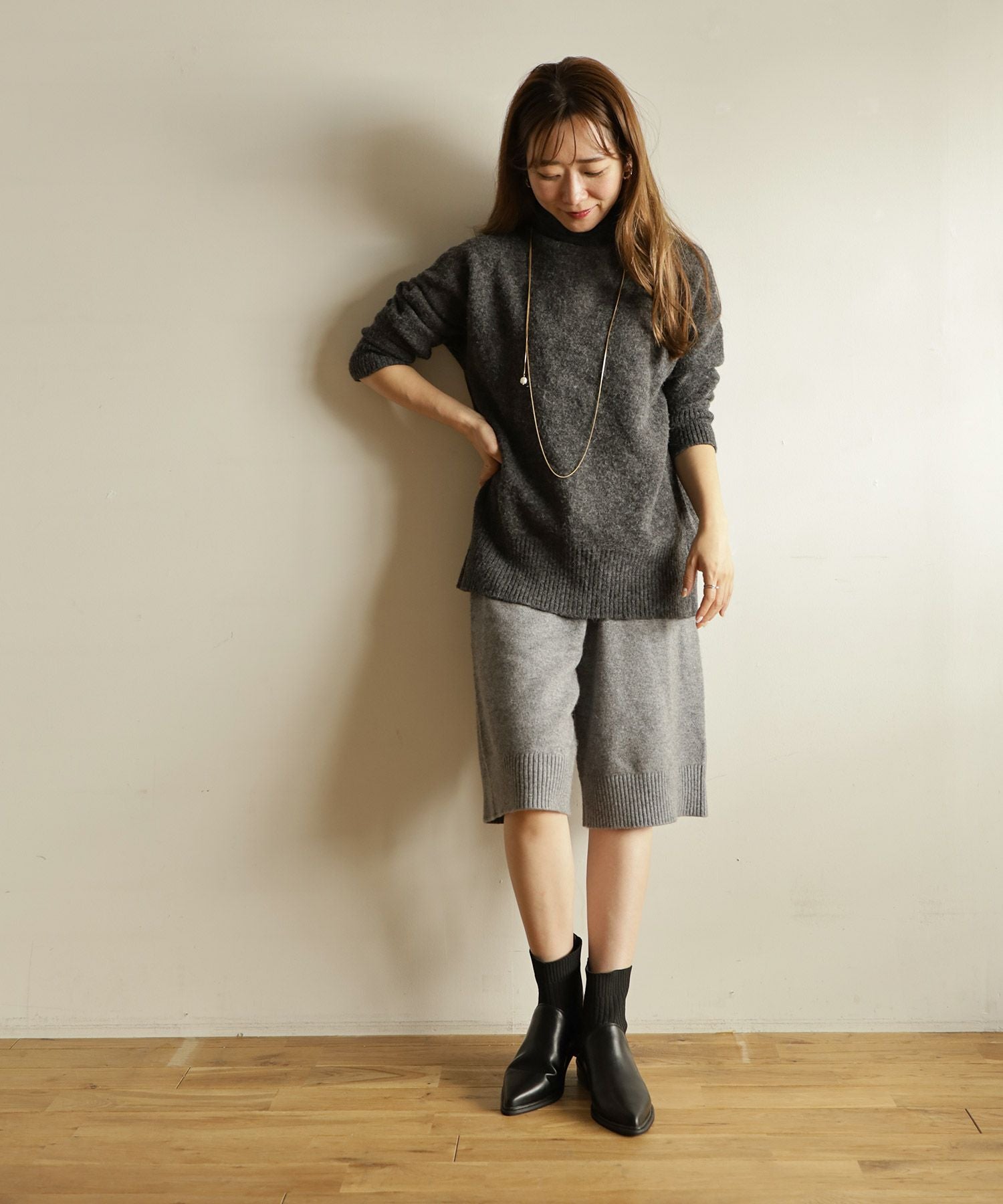 ニットコンビローヒールショートブーツ