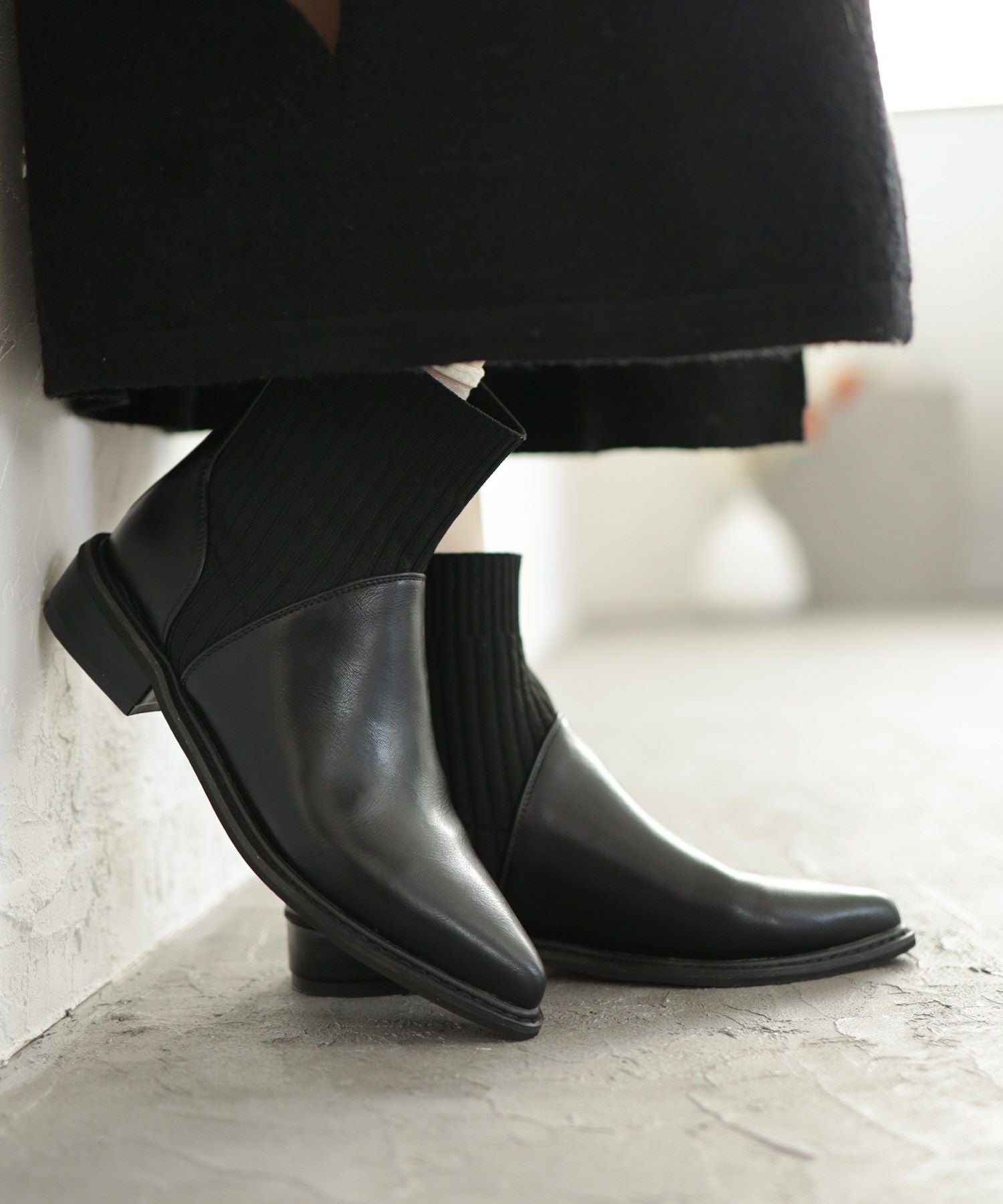 ニットコンビローヒールショートブーツ