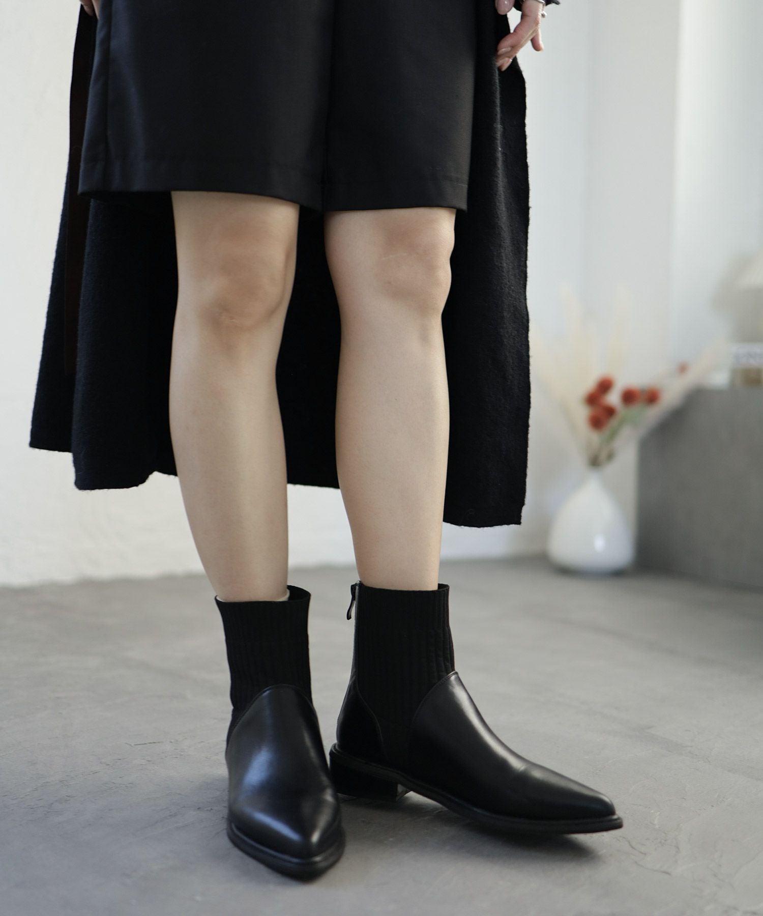 ニットコンビローヒールショートブーツ