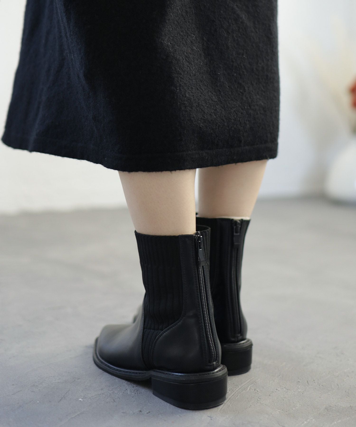 ニットコンビローヒールショートブーツ