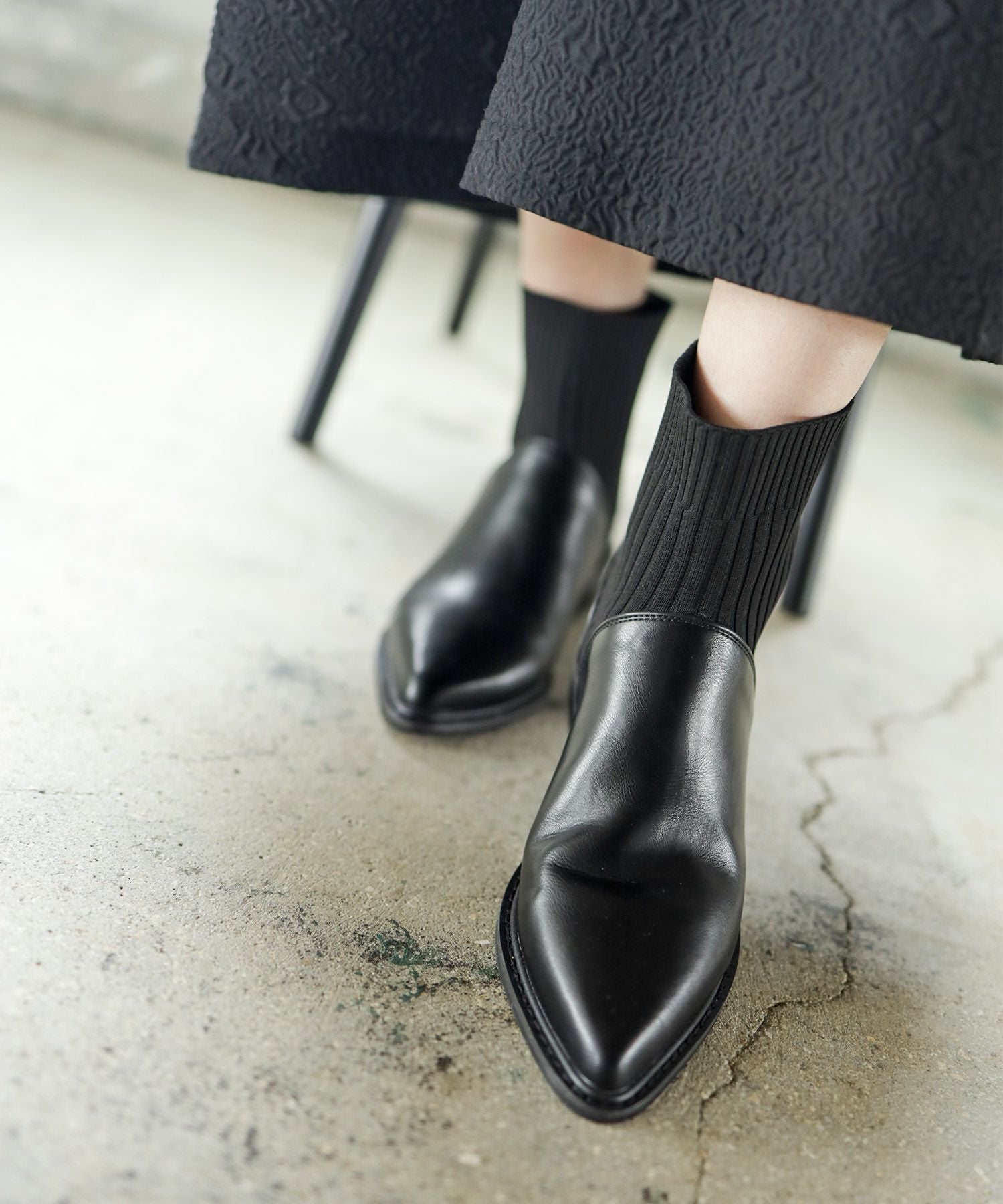 ニットコンビローヒールショートブーツ