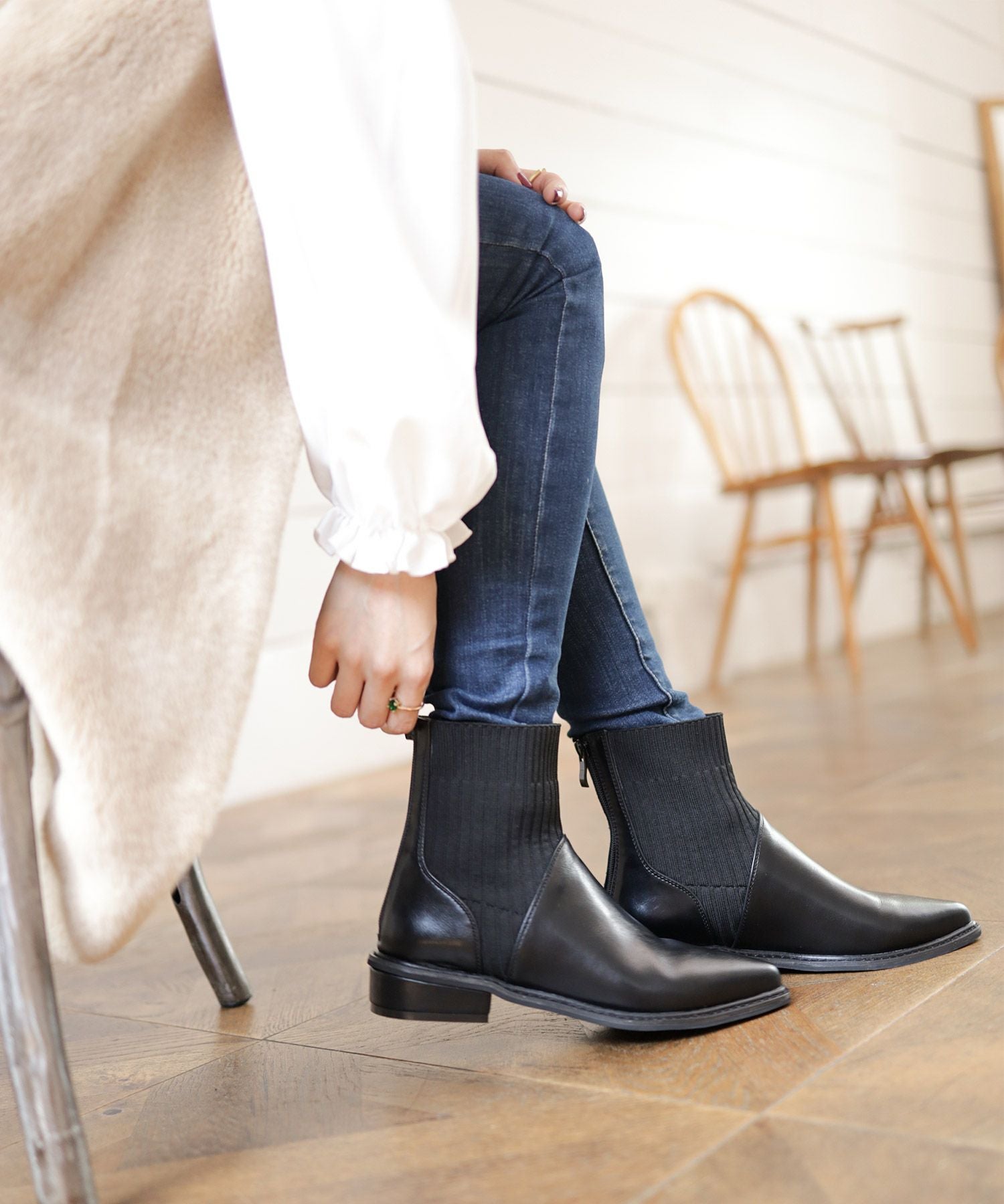 ニットコンビローヒールショートブーツ