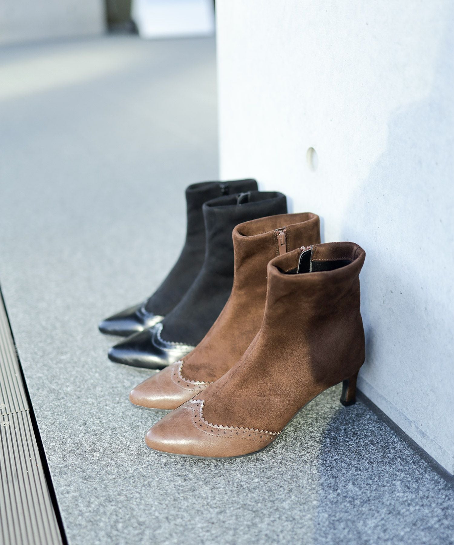 ウイングチップストレッチストレートヒールショートブーツ▲返品交換不可