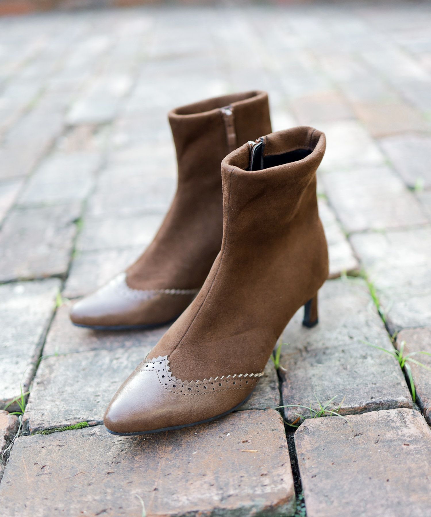 ウイングチップストレッチストレートヒールショートブーツ▲返品交換不可