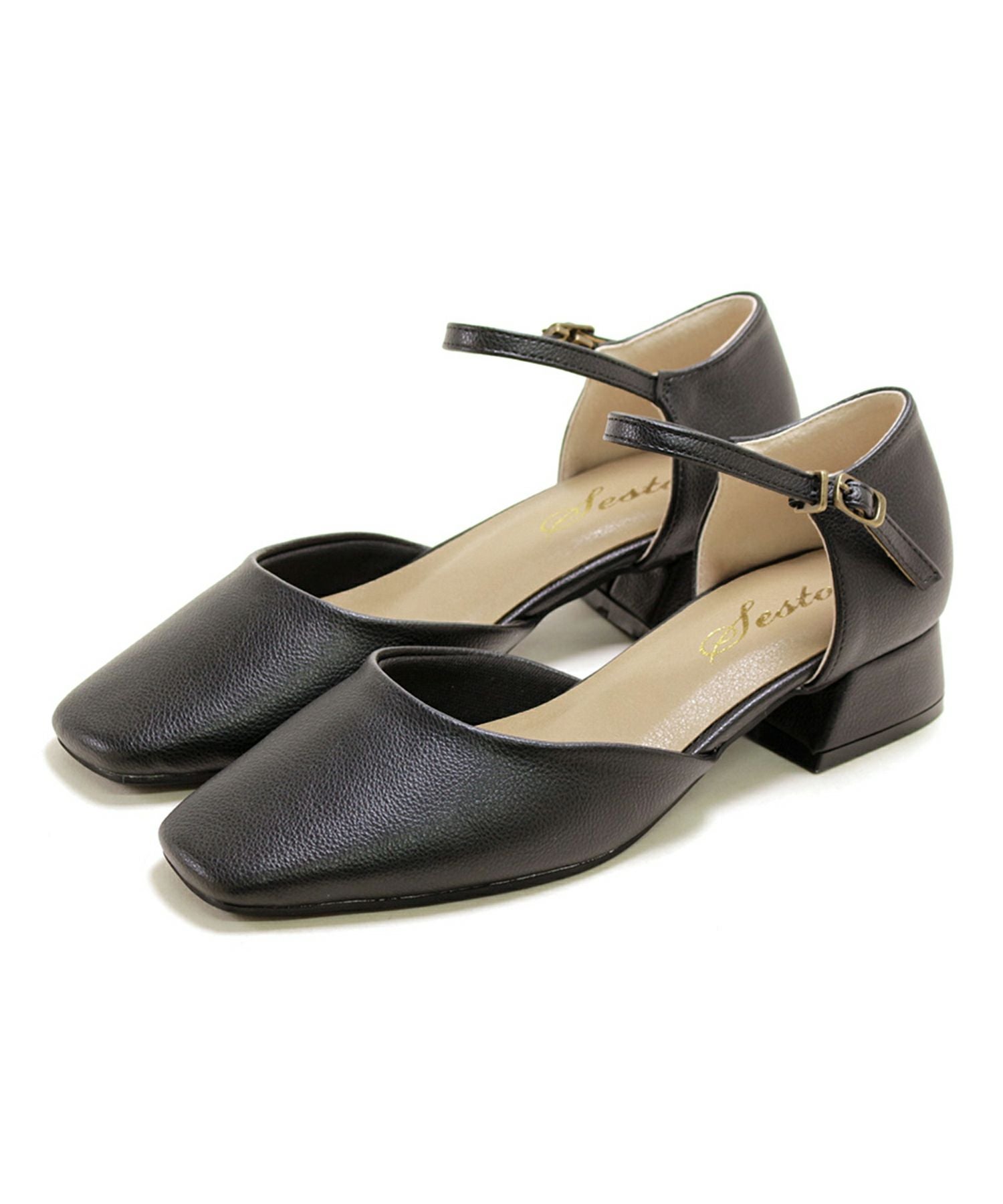 スクエアトゥアンクルストラップローヒールパンプス