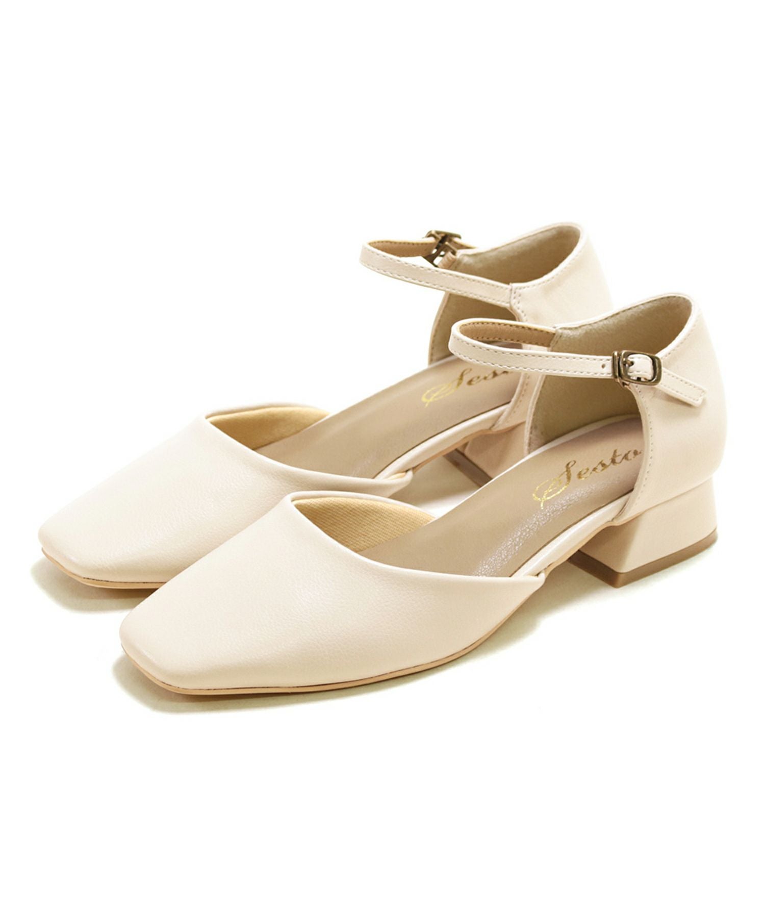 スクエアトゥアンクルストラップローヒールパンプス