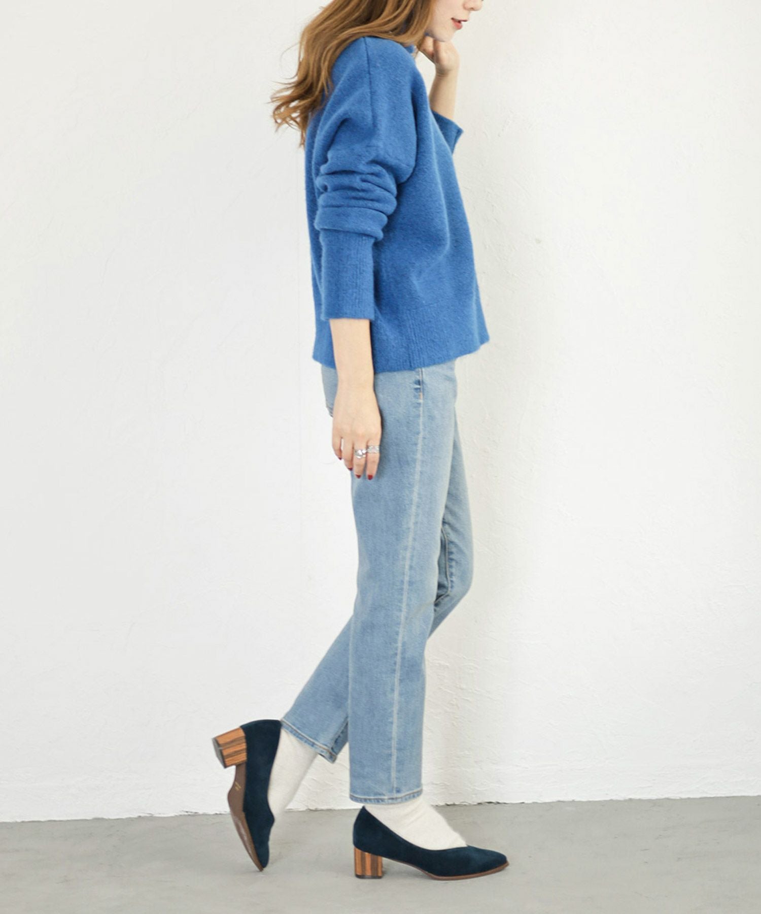 革ピース×ウッドヒールのポインテッドトゥパンプス▲返品交換不可